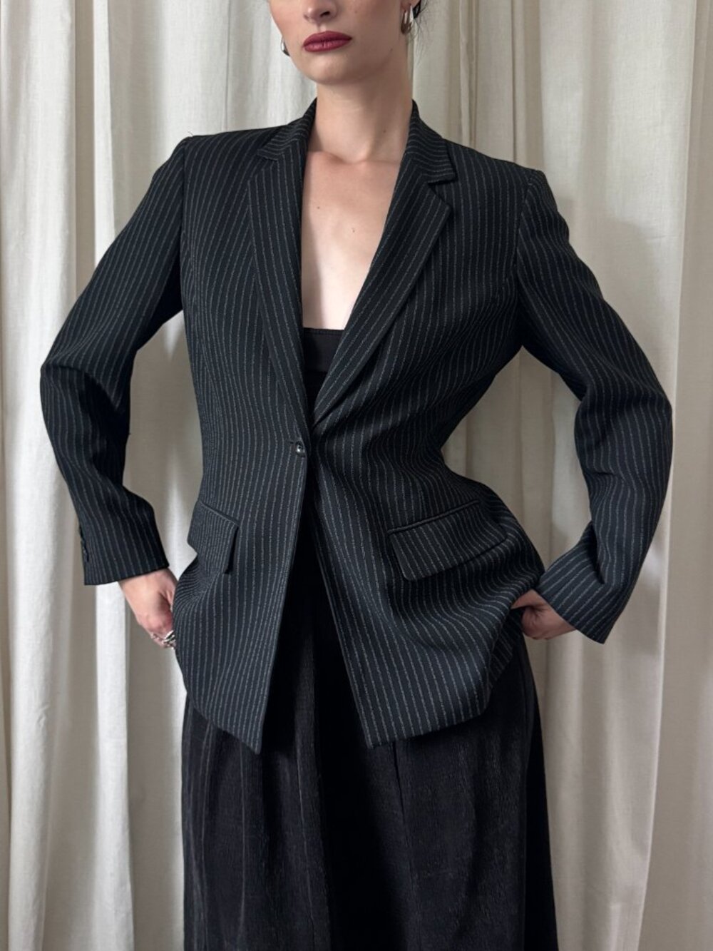 Liz Claiborne Petite Collection Black Pinstripe Blazer Women's Size 8
